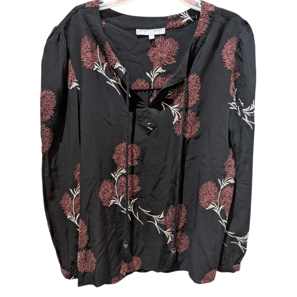 Daniel Rainn Embroidered Boho Artsy Tie Neck Black Multicolored Blouse Sz Large